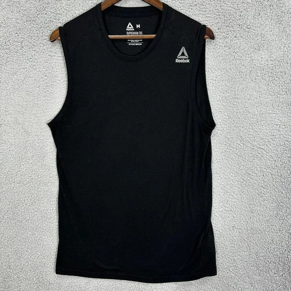 Reebok tank top mens medium black supremium tee speedwick logo muscle‎ gym